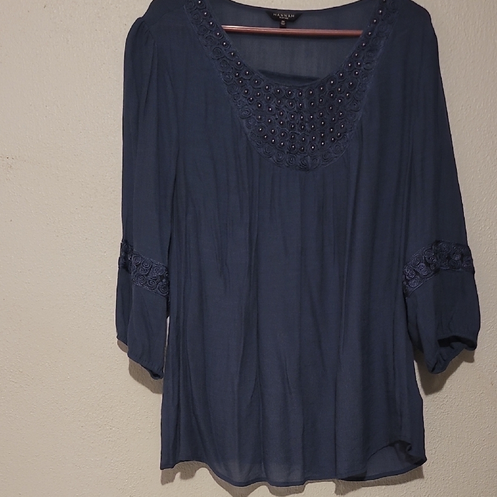 Hannah Blue Relaxed Pleated Blouse with 3/4 Sleeves